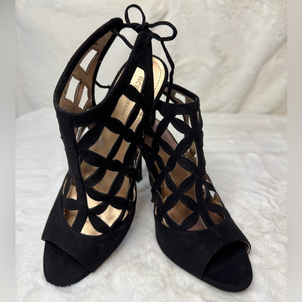 BCBGeneration Black Peep Toe, Lattice Cutout Body, Tie Back Ankle Heels- sz. 8